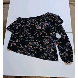 Belle Sky Women's Small One Shoulder Lined Black Floral Ruffle Blouse Top NWT